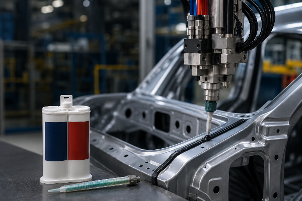 2K cartridge structural adhesive dispensed through a static mixer for automotive body-panel bonding