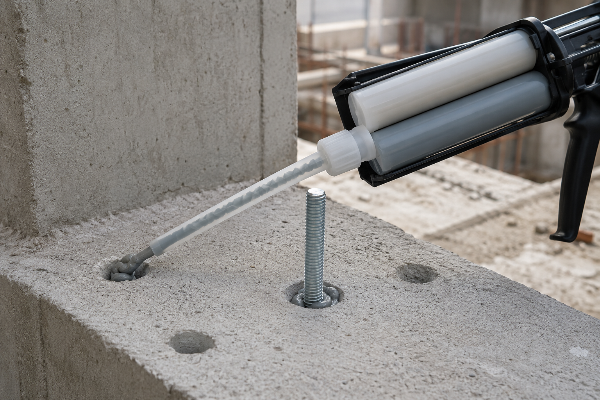 Two-component epoxy dispensed from a dual cartridge through a static mixing nozzle into a concrete anchor hole