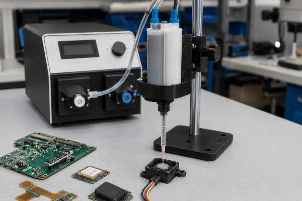Small-format two-component cartridge for electronics potting and encapsulation of PCB components