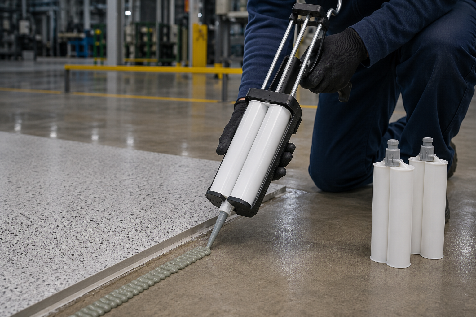 Industrial flooring maintenance application using two-component adhesive systems
