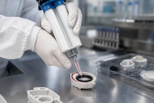 Two-part cartridge epoxy for medical-grade device assembly and lens-to-housing bonding