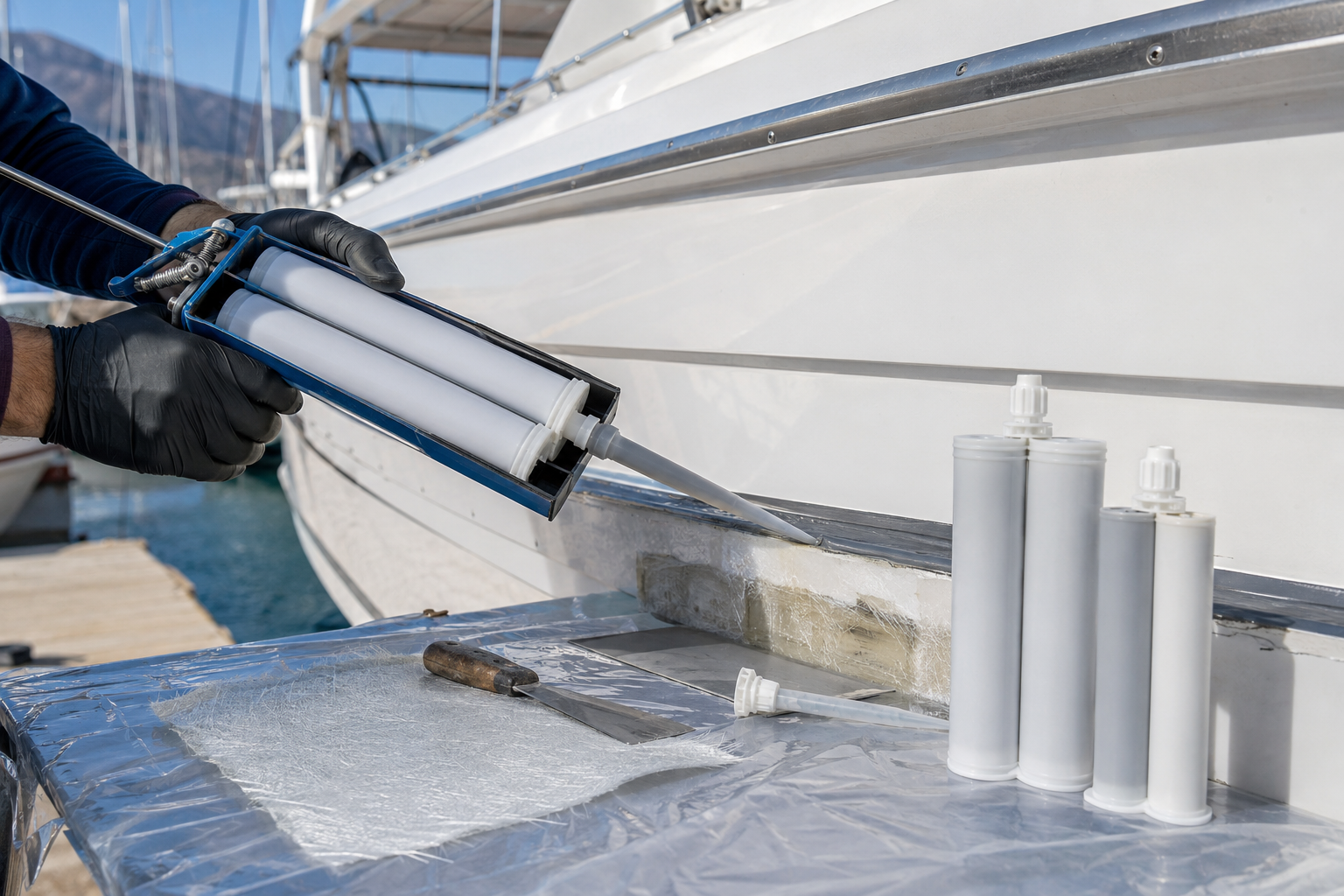 Marine hull repair compounds and polysulfide deck sealants for saltwater exposure