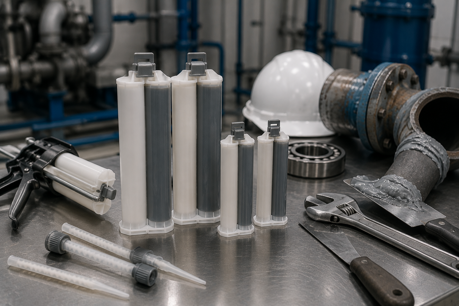 Industrial MRO fast-set epoxy metal repair compounds and anti-corrosion sealants
