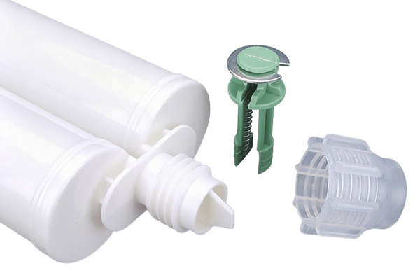 Dual cartridge with static mixing nozzle dispensing a two-part adhesive bead