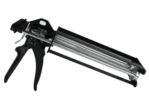 Manual dual-component dispensing gun for matched cartridge and static mixing nozzle sets