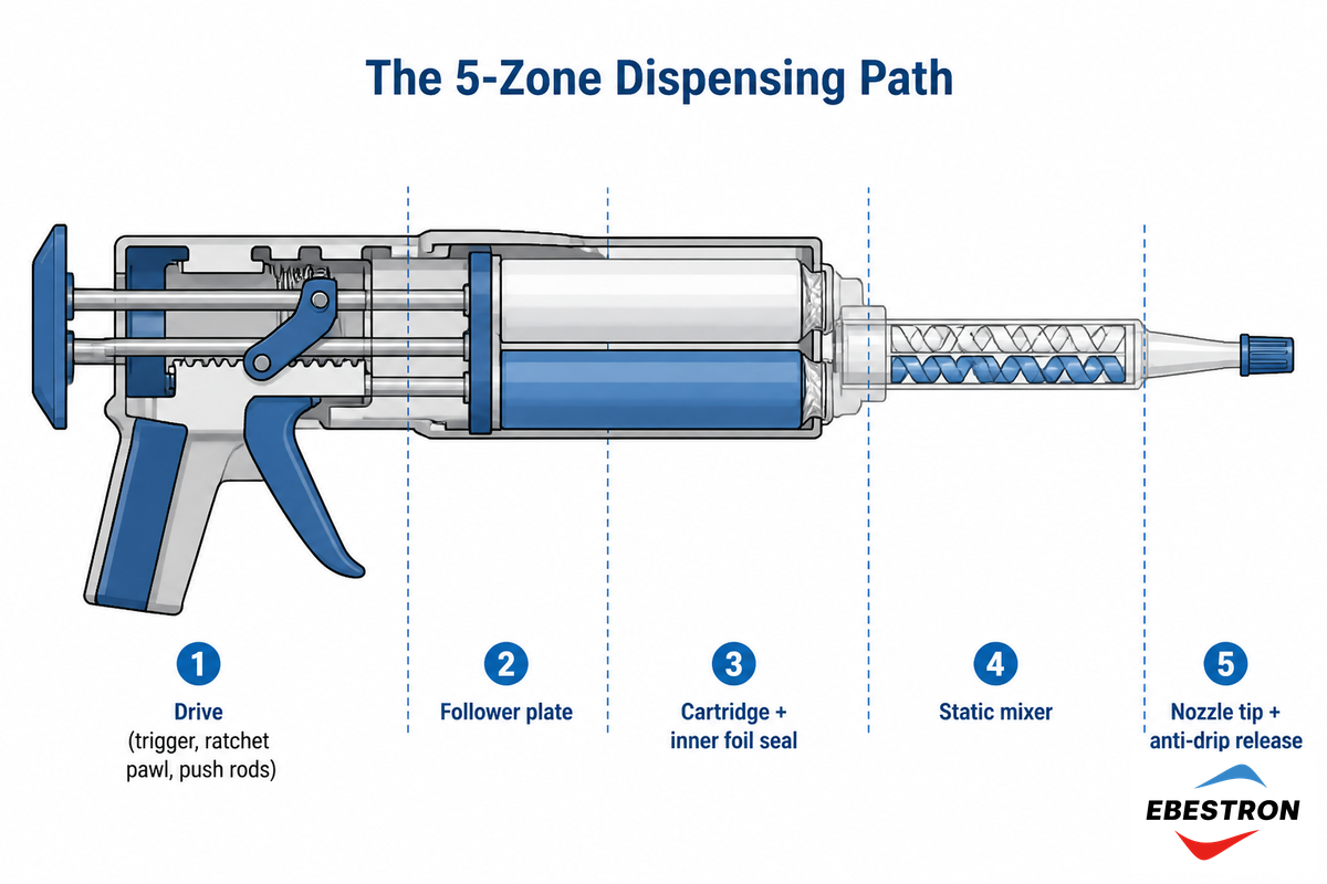 Inside a 2K Dispensing Gun: The 5-Zone Dispensing Path — Ebestron