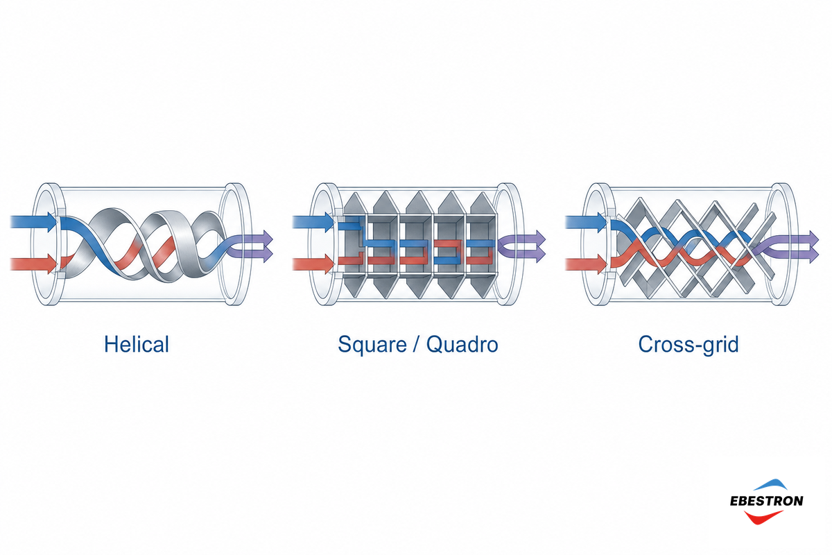 Element Geometry: Helical, Square (Quadro) & Cross-Grid, and the Pressure-Drop Tradeoff — Ebestron