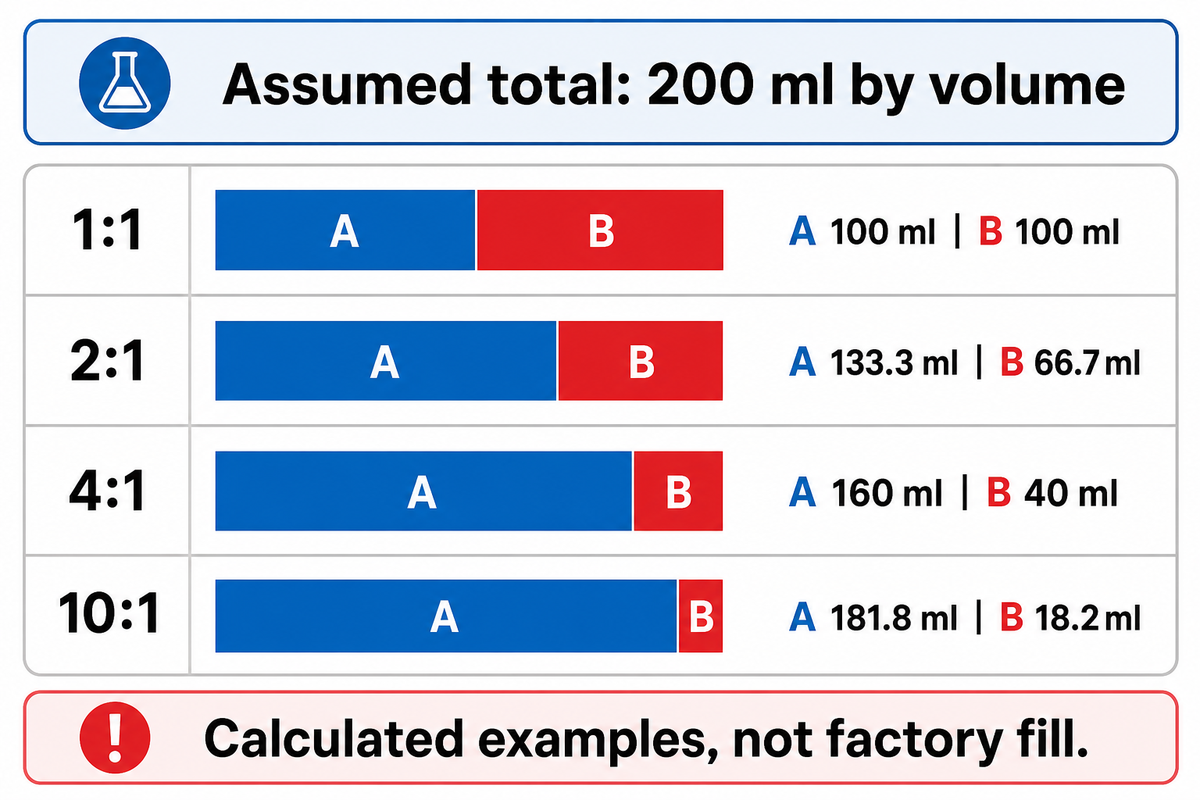Assumed 200 ml total: 2:1 gives 133.3 ml A and 66.7 ml B; calculated volume shares, not factory fill.