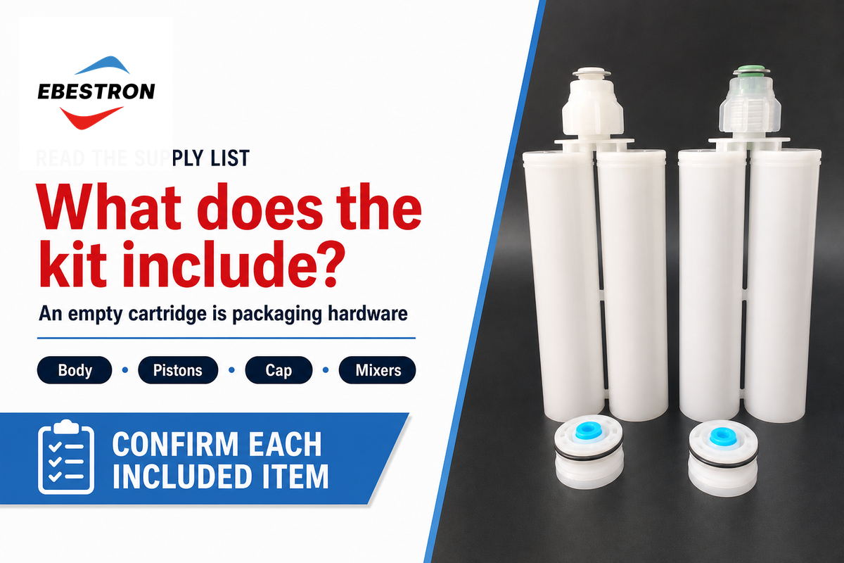An empty cartridge supplies hardware; a prefilled kit supplies adhesive components. Check every included item.