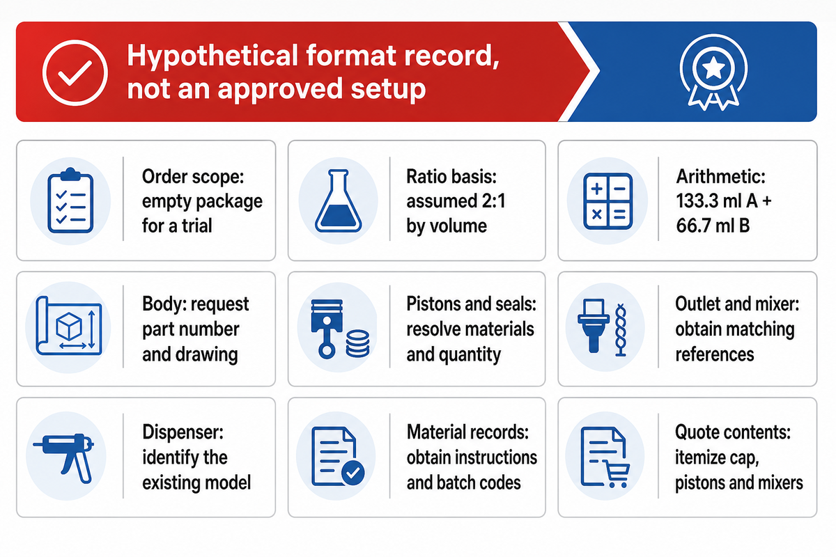 Nine format-record entries identify unresolved parts and documents; the 2:1, 200 ml example is hypothetical.