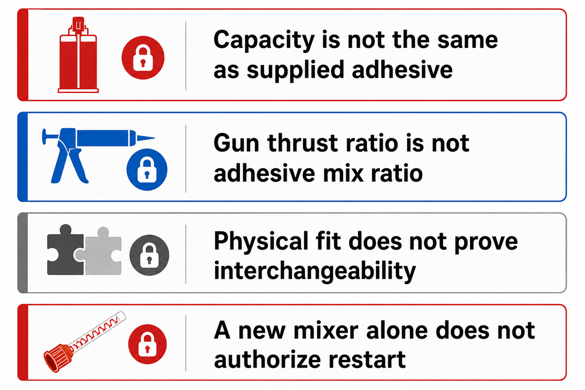 Capacity, adhesive mix ratio and physical fit are separate checks; a new mixer alone does not authorize restart.