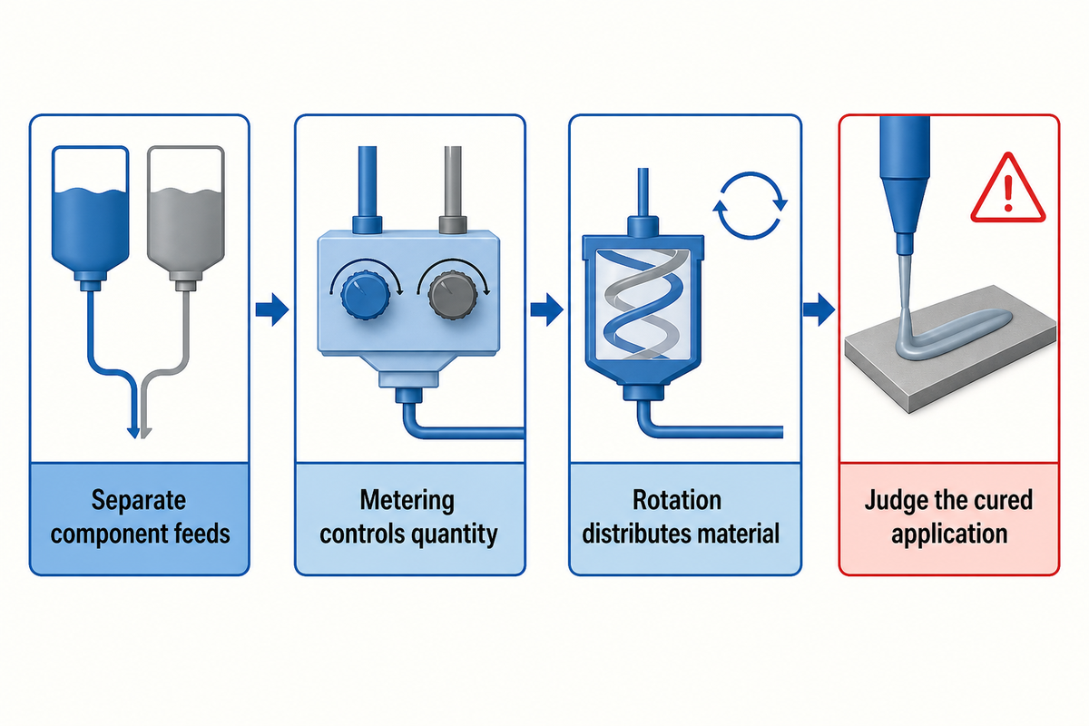 Metering sets component quantities; the rotating element distributes the supplied streams before application.