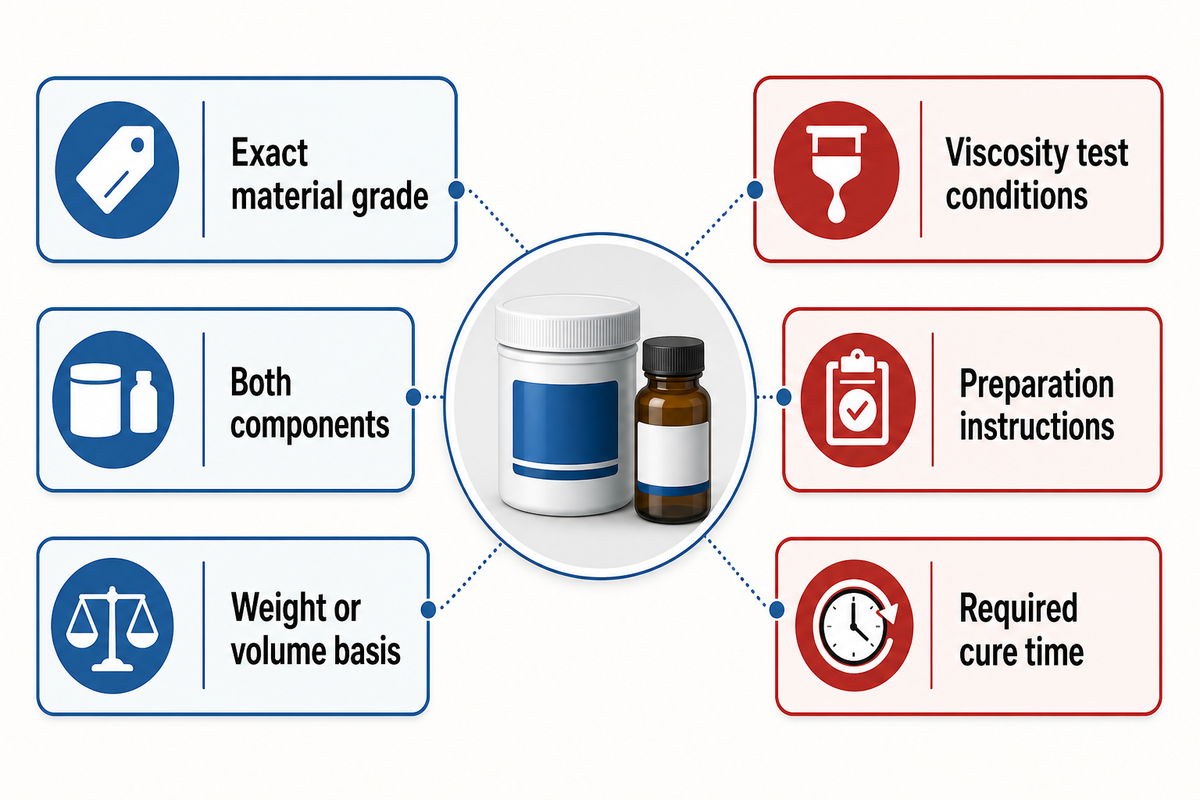 Record grade, ratio basis, viscosity conditions, preparation and cure data before selecting a mixing nozzle.