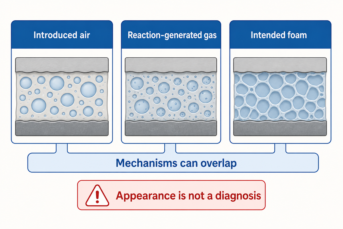 Introduced air, moisture reaction and intended foam need different investigations; Brondi et al. support coupled mechanisms.