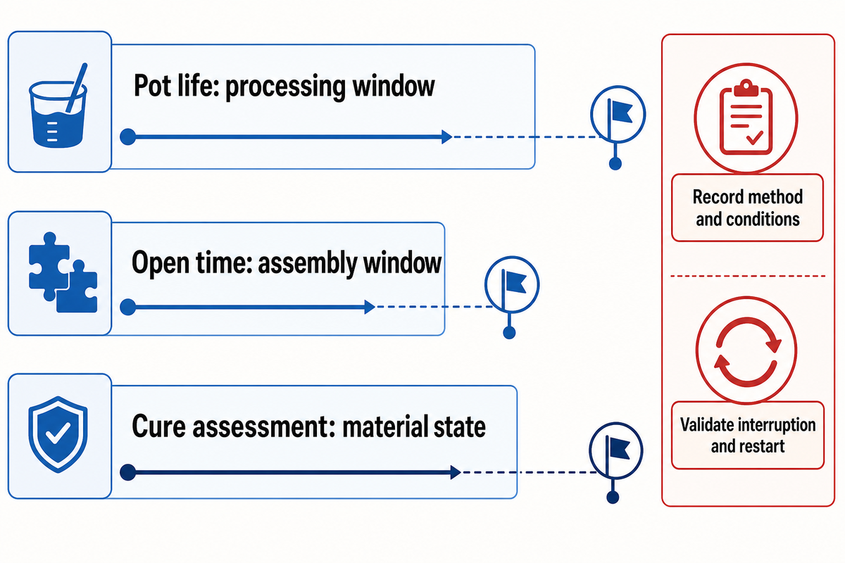 Pot life, assembly open time and cure assessment remain separate; ISO10364 methods need not yield identical results.
