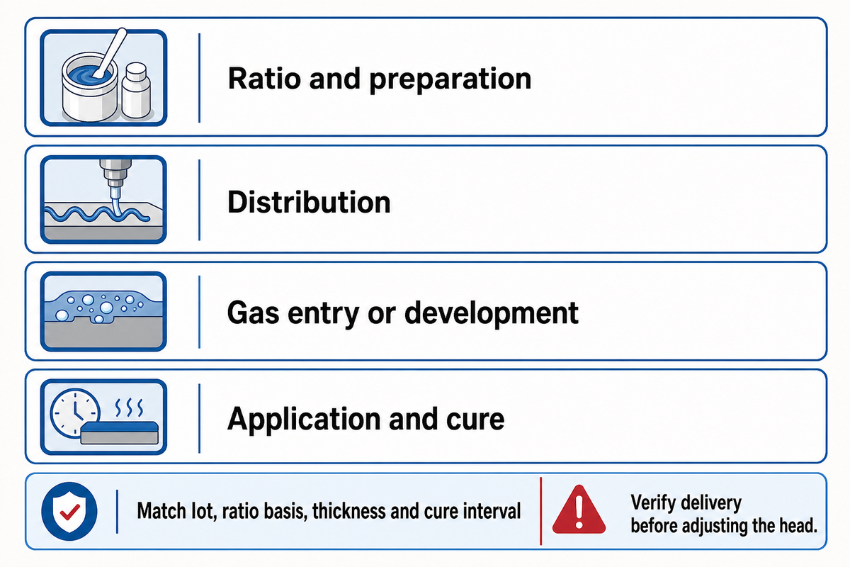 Four investigation branches separate ratio/preparation, distribution, gas and application/cure under matched conditions.