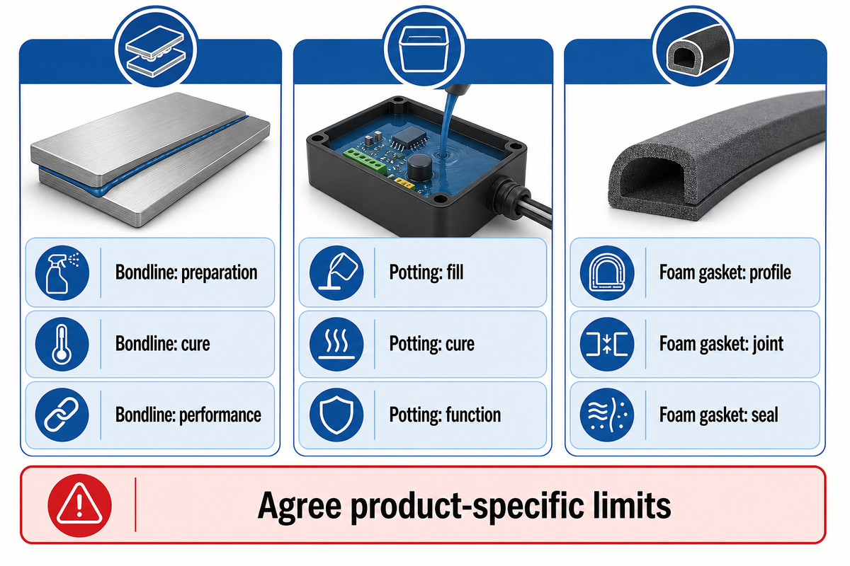 Nine checks group bondline, potting and foam-gasket acceptance; limits remain application-specific.
