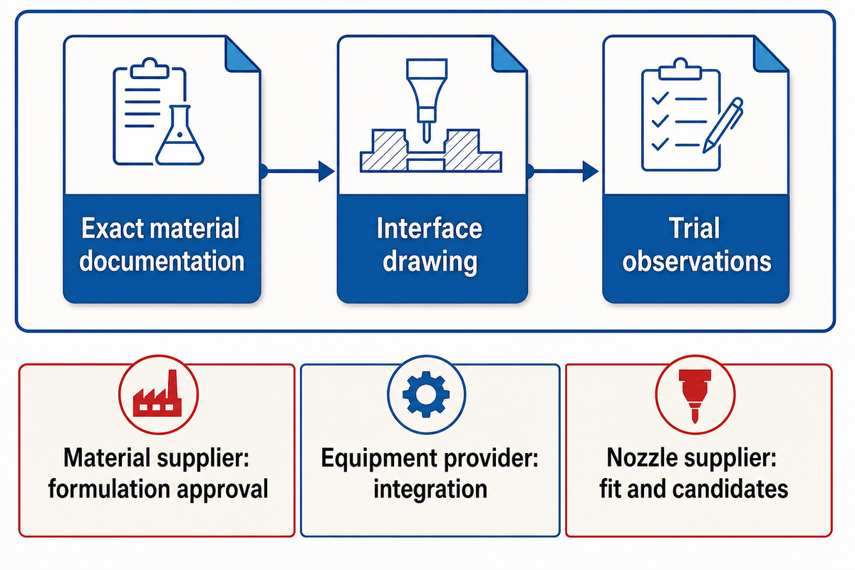 Send grade data, interface drawing and trial evidence; keep formulation and system integration responsibilities distinct.