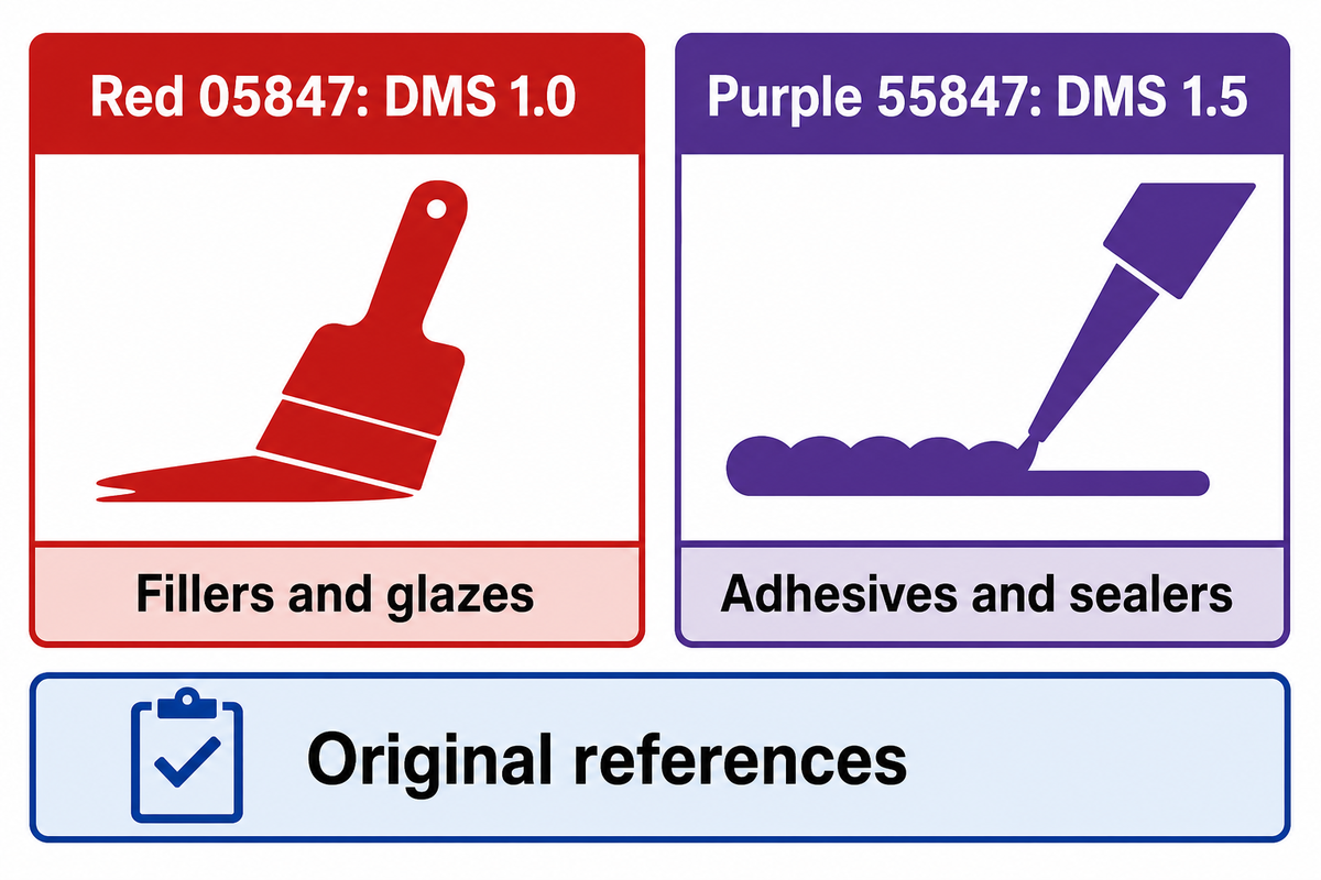 A 3M associa o 05847 vermelho a massas de enchimento e vidrados, e o 55847 roxo a adesivos e selantes.