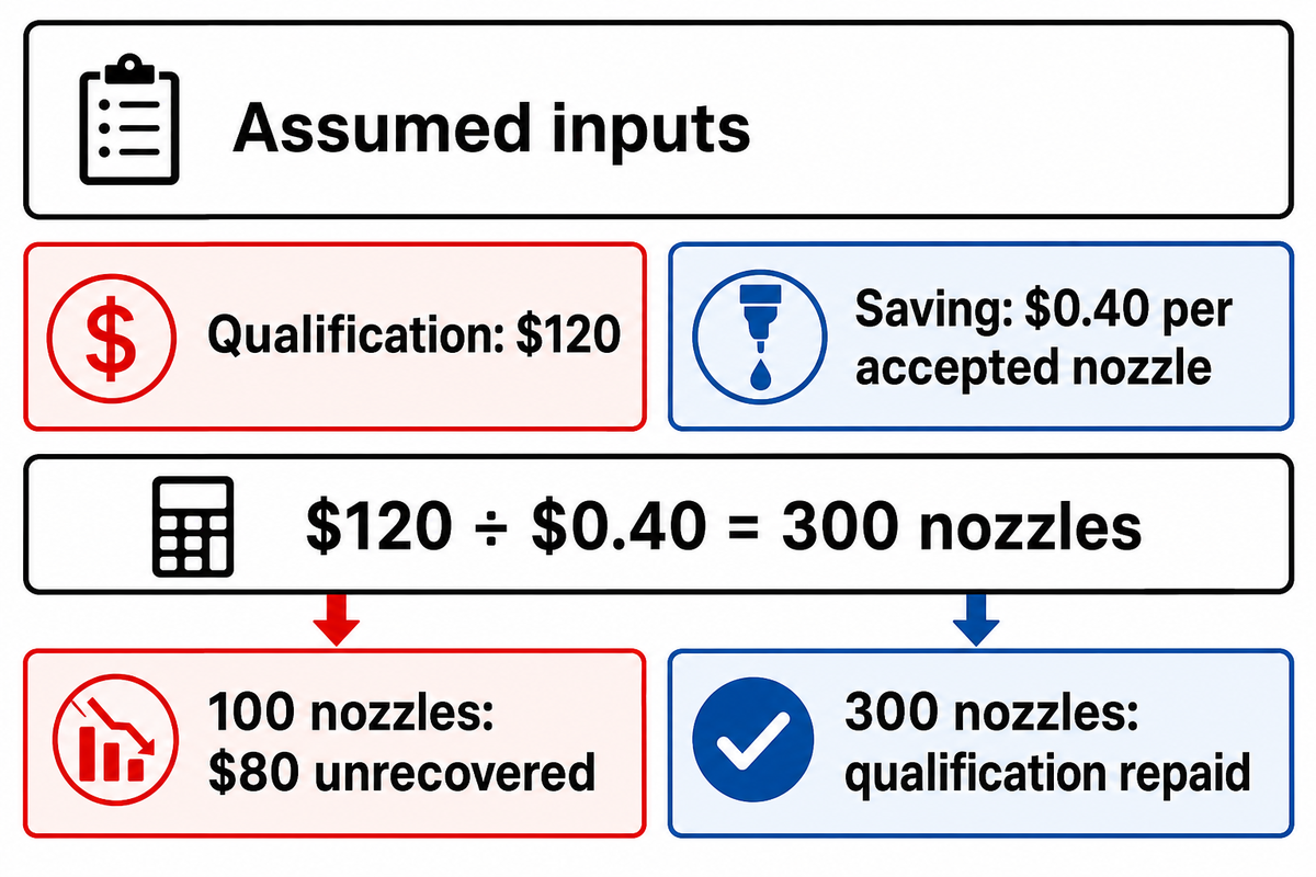 Com custos assumidos de $120 para qualificação e uma poupança de $0,40, o ponto de equilíbrio é atingido com 300 bicos; cálculo ilustrativo.