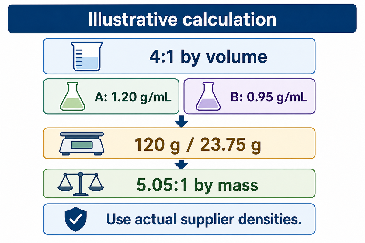 Una relación de volumen ilustrativa de 4:1 equivale a una relación en masa de 5.05:1 con las densidades indicadas; según la guía.
