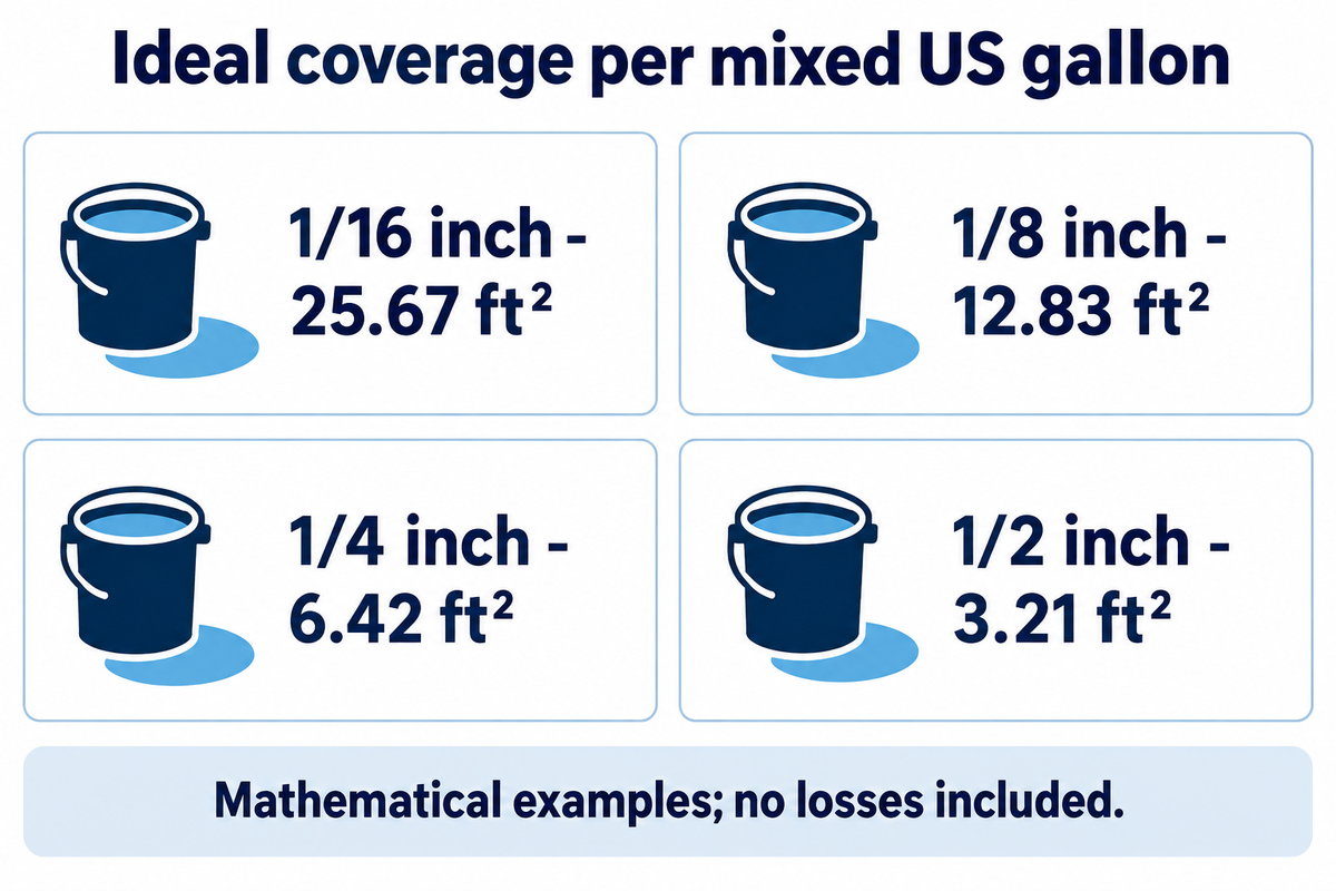 One US gallon covers 12.83 ft² at 1/8 inch before losses, calculated from NIST unit definitions.