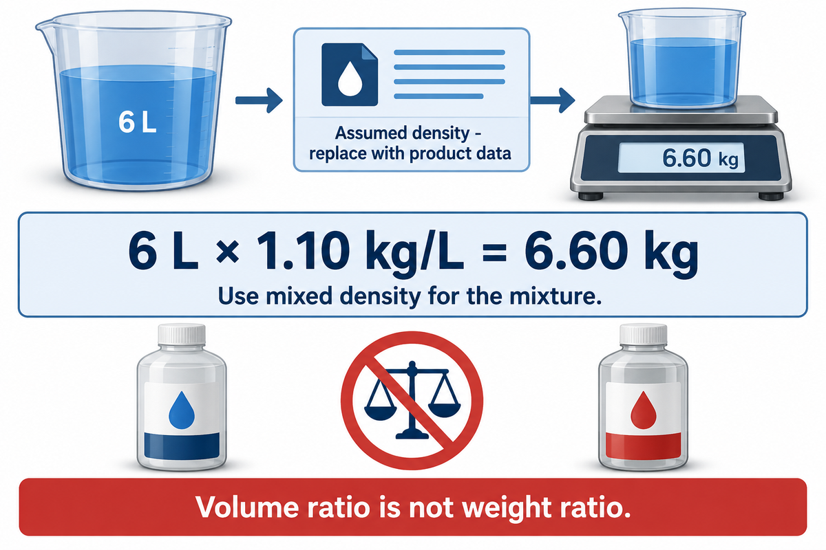 6 L at an assumed 1.10 kg/L equals 6.60 kg; use mixed density (NIST mass-density definition).