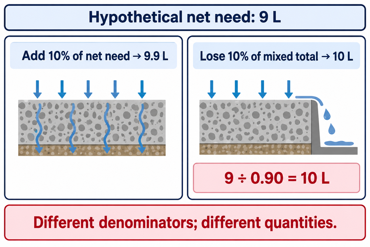 For 9 L net, add 10% = 9.9 L; losing 10% of mixed total requires 10 L (hypothetical calculation).