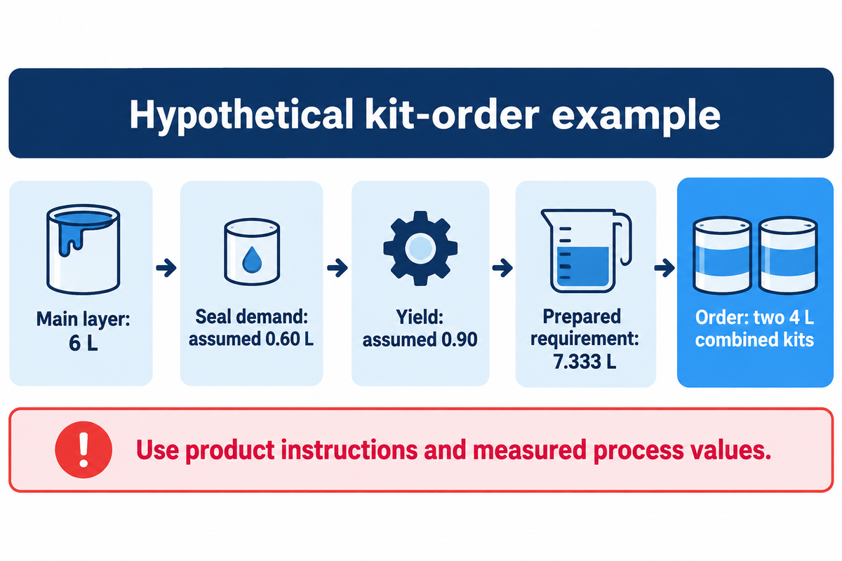 (6 L + 0.60 L) / 0.90 = 7.333 L: buy two combined 4 L kits in this hypothetical example.