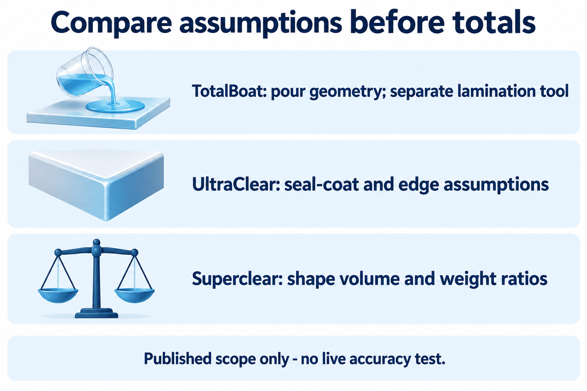 TotalBoat, UltraClear and Superclear describe different calculator scopes; no live accuracy test is claimed.
