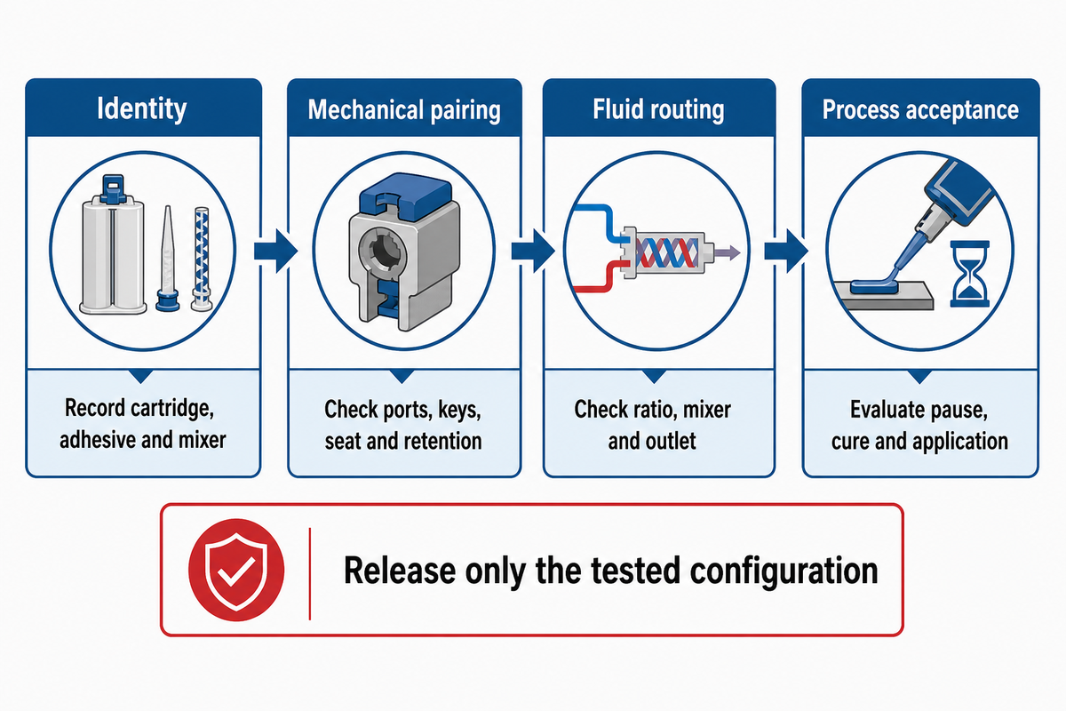 The editorial 4-Gate Fit Record separates identity, mechanical pairing, fluid routing and process acceptance.