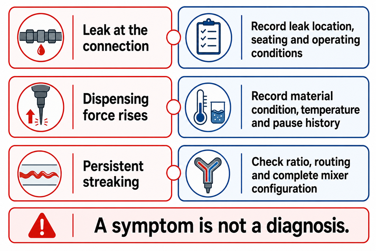 Collect distinguishing evidence before selecting a remedy; several causes can produce one symptom (Permabond).