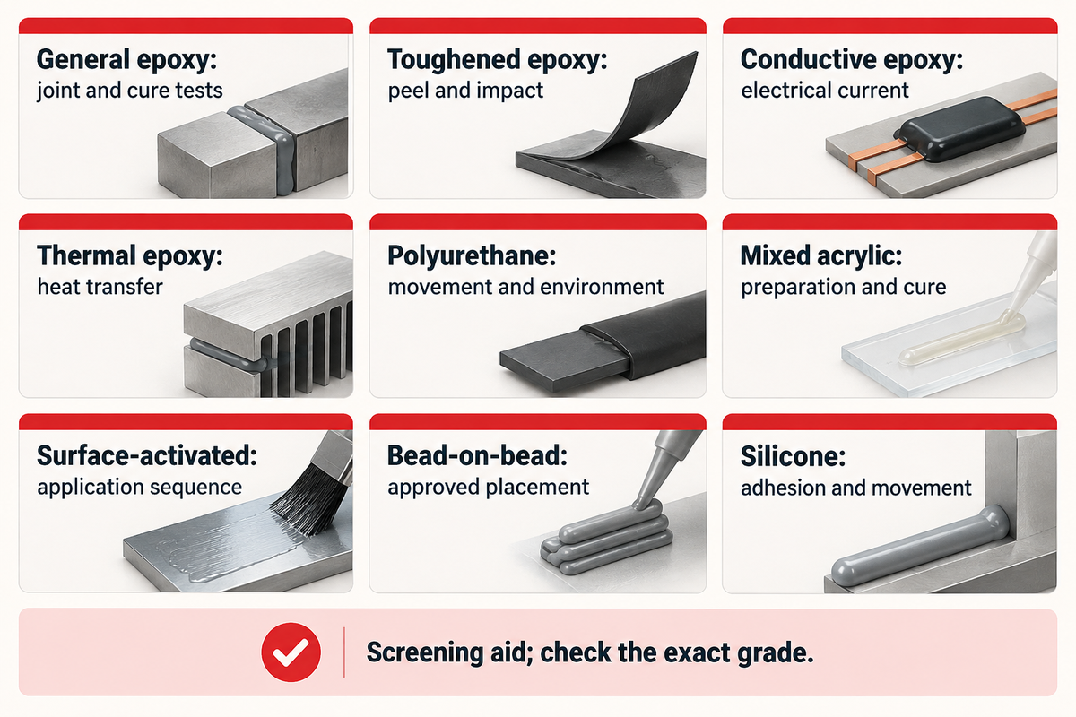 Nine adhesive candidates require grade-specific evidence; CompositesWorld, Permabond and MasterBond guidance.