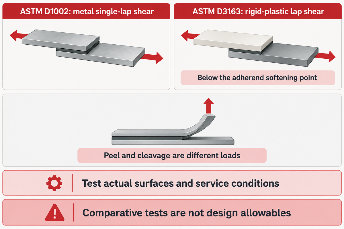 ASTM D1002 and D3163 compare scoped lap-shear joints; results are not universal design allowables.